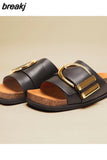 Size 35-39 Flats Sandals Women Leather Retro Low Heels Shoes For Women Summer 2023 Buckle Open Toe Slippers Home