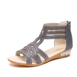 Women's Sandals Summer Golden Zipper Sandal Open Toe Gladiator Hollow Low Heel Sandals Bling wedges Pumps Ladies'