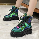 Glitter Motorcycle Boots Women Gothic Chunky Platform Ankle Boots Autumn Winter Thick Bottom Lace Up Punk Shoes