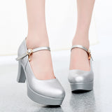 Breakj Head Buckle Waterproof Table 8CM High Heel Women's Shoes Thick-Soled Model Show Shoes Coarse Heel Work Shoes Silver Single