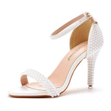 Breakj Heel Sandals White Buckle Shoes Fine Heel Fish Mouth Roman Sandals White Pearl