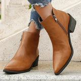 Women Ankle Boots 2024 Retro Style Pointed Toe Leather Boots Solid Short Barrel Chunky Heel Western Boots Botines