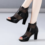 Sandals Women's 2023 Summer New High-Heeled Waterproof Table Fish Mouth Mesh Hollowed-Out British Thick-Heeled