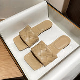 designer leather weaved slippers women soft bottom flat summer slide shoes for woman flipflops braiding sandals big