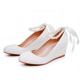 Breakj Cm White Beads Thick Bottom Heels Mary Jane's Shallow Mouth Single Shoe Ribbon Thin Wedding Dress High
