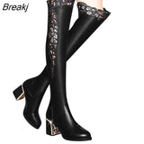 Women Embroidered Lace Knee Bare Boots Square High Heel Casual Long Tube Booties Lady Sexy Over Knee Thigh High shoes