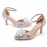 Breakj Cm Large-Size Sandals Fine Heel Head Crystal Glass High Heel Sandals Champagne Gold Banquet Dinner Women's