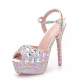 Queen Diamond Women Super High Heels Wedding Pumps 14cm Peep Shoes Platform 4CM Wristband Colorful