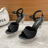 Summer Style With Flower Sequins With Ultra High Heel Transparent Bottom Crystal Thick Heel Women's Singles Shoes Sandal Wedding Bridesmaid