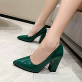 Heels Women's New Large Size Pointed Square With Shallow Fashion Patent Leather Thick With High Heel Professional Women's Single