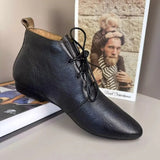 Breakj Pointed Little Short Boots Flat Boots Female Spring And Autumn Single Boots British Style Soft Leather Ankle Boots Soft Bottom Lace-Up