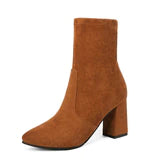 Brown Flock Thick Heel Ankle Boots Women Winter Shoes Nice Elegant High Heel Pointed Toe Keep Warm Short Booties