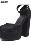 Chunky Heeled Satin Ankle Strap Pumps 2023 Spring Summer High Heel Wedding Shoes Walking Comfy Women Sandal Big Size
