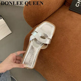 Fashion Weave Slippers Women Square Toe Flat Casual Shoes Brand Slide 2023 Summer Flip Flops Black Gold Sliver Beach