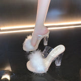 Breakj New Summer Sexy High-Heesed Slippers Women's Korean Version Of Rough And Feather Slippers Transparent Belt
