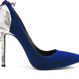 Women Sexy High Heels Shoes Velvet Snake Pattern Pointed Toe Zipper Female Pumps Woman Wedding Big Size
