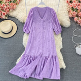 New Summer A Line V Neck Hollow Out Single Breasted Women Mid-Calf Dresses Casual Solid Short Lady