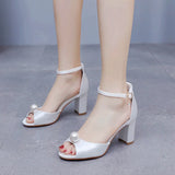 Breakj Cm Fish Mouth High-Heeled Sandals Shallow Pearl Large-Size Round-Head High Heels Bride Wedding Silk Satin Cloth Coarse