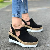 Sandals Vintage Wedge Shoes Woman Buckle Strap Straw Thick Bottom Flats Platform Sandals Flock Female Shoes Summer