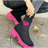 Knitting Boots Women's 202243 Large Size Thick Heel Solid Color Mid-tube Warm Elastic Flying Knitting Boots