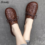 Genuine Leather Flats Women Shoes Spring Autumn 2023 Weave Lace-Up Handmade Soft Retro Comfortable Concise Ladies