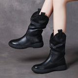 Breakj Boots Pile Boots Top Layer Of Kraft Mid-Sleet Boots Women Flat Bottom Soft Skin Autumn Winter Leather Martin Boots Horse Rider