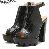 Summer Black Platform Sandals Women Gladiator Square High Heels Fashion Peep Toe Ankle Buckle Strap Ladies Shoes