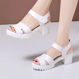 High-Heeled Sandals Women's Muffin Thick-Soled Waterproof Platform Size Velcro Leather Fish Mouth