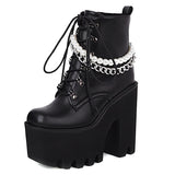 Elegant Ladies Motorcycle Boots Round Toe Zipper Solid High Heel women's Boots Bead Platform Chain Designer Goth