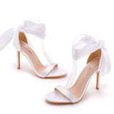 Breakj Fish Mouth High Heel Tie Sandals Beautiful Ribbon Silk Satin Cloth High Heel Women's Shoes Wedding Dress Wedding