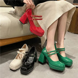 Thick Heel Square Head Small Leather Shoes Female 44 Big Size Spring And Autumn New Mary Jane French High Heel Fashion Single