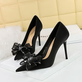 Breakj Banquet Light Luxury High-Heeled Shoes Women's Shoes With Shallow Pointed Mesh Lace Bow Single