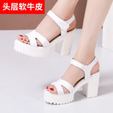 High-Heeled Sandals Women's Muffin Thick-Soled Waterproof Platform Size Velcro Leather Fish Mouth