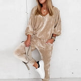 Velvet Tracksuits Women Casual Pullover V Neck Zipper Sweatshirts And Harem Pants Two Piece Set Loose Ladies