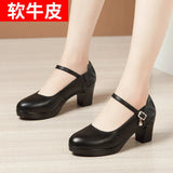 Heels, Thick Heels, Walking Shoes, Women's Leather Waterproof Table, Round Head Cheongsam Show Shoes, Black Professional Work