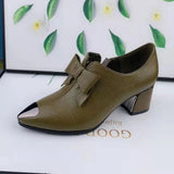 Classic Black Bow Tie Medium Heel Slip on Spring Shoes Lady Fashion Sweet Blue Party High Heel