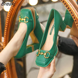 Women's Mid-heel 5.5CM 2023 Summer French Style Back Empty Female Thick Heel Square Toe Mary Jane Shoes Black Green Talon