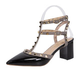 Shoes 21 Summer Sandals Pointed Patent Leather Rivet Buckle Sandals Thick with Heel Wild Thin Ladies Shoes and