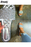 Beach Large Size 43 Rhinestone Slipper Women's Shoes Summer 2023 Sandals for Women Round Head Flat Rhinestone