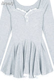 Sleeve Lace Mini Dress Woman Lolita Kawaii Dress Party Casual 2023 Autumn Slim Pure Color Elegant Dress Korean Style