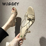 Heels Sandals women New Summer shoes women Fashion Buckle Strap Open Toed sandals Beige Thin Heels Dress female