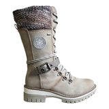 Medium-Sized Women's Boots 2024 Winter New Round Head Square Heel Leather Buckle Wool Spliced Martin