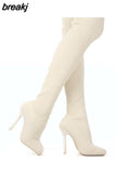 Knitted elastic Knee High Boots Square head Toe Stiletto Heel Slip On Boots Women Winter Shoes Party Dress Sexy