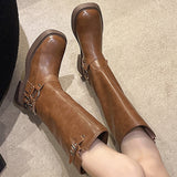 for Women 2023 Hot Sale Autumn Pull on Knee-High Women's Boots Solid Color Round Toe Platform Water Proof Western