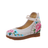 Breakj Shoes, Single Shoes, Peony Folding Fan Ancient Wind Embroidered Cloth Shoes, A Word Buckle Retro Slope Heel