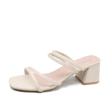 Women Sandals Ladies Square Heels Elegant Summer Slippers Outside Cross Tied Leather Female Slides 2021 Fashion Woman