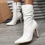 Head High Heel Ankle Boots Fashion White Thin Heel Pleated Short Leg Boots Pointed Head Show Slim British Style Ankle Boots