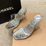 New High-Heeled Sandals Transparent Thick Heels Double-Row Slippers Large Size Square Head Transparent