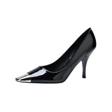 2025 New Black High-Heeled Women's Fine Heel Non-Slip Square Head With Metal Black Patent Leather Women's Single