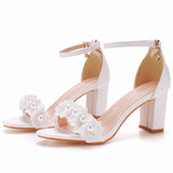 Breakj Cm Round Head With Thick Heel And Shallow Mouth With Sandals Beaded Flowers Wedding Dress Shoot High Heels
